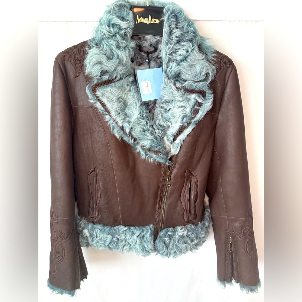 NWT Neiman Marcus Dyed Genuine Lamb Fur Trim & Leather Jacket, Size Medium